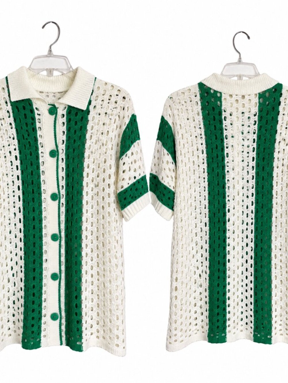 Unbranded XL Green Cream Crochet Open Knit Button Front Polo Cardigan